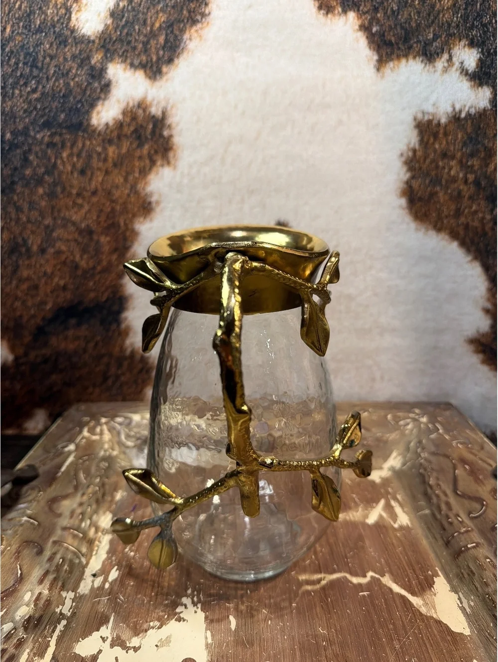 Vintage Glass Pitcher with Decorative Gold-Tone Leaf Handle